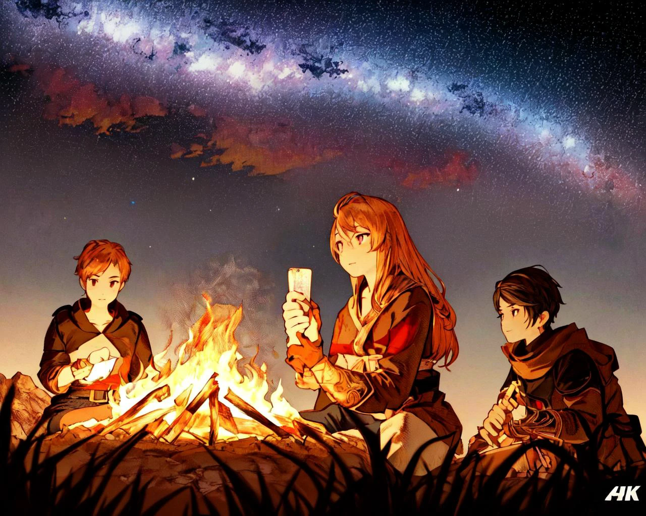 <lora:FFTJobs:0.8> group of adventurers setting up a campfire under a stary night,
(masterpiece), best quality, highres, 4k, 8k, Detailed Illustration, intricate detail, cinematic lighting, amazing quality, 1girl, fit female, amazing shading, soft lighting, facing camera, perfect eyes