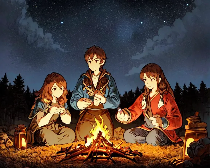 <lora:FFTJobs:0.8>  group of adventurers setting up a campfire under a stary night, 
(masterpiece),  best quality, highres, 4k, 8k, Detailed Illustration, intricate detail, cinematic lighting, amazing quality, 1girl, fit female, amazing shading, soft lighting, facing camera, perfect eyes