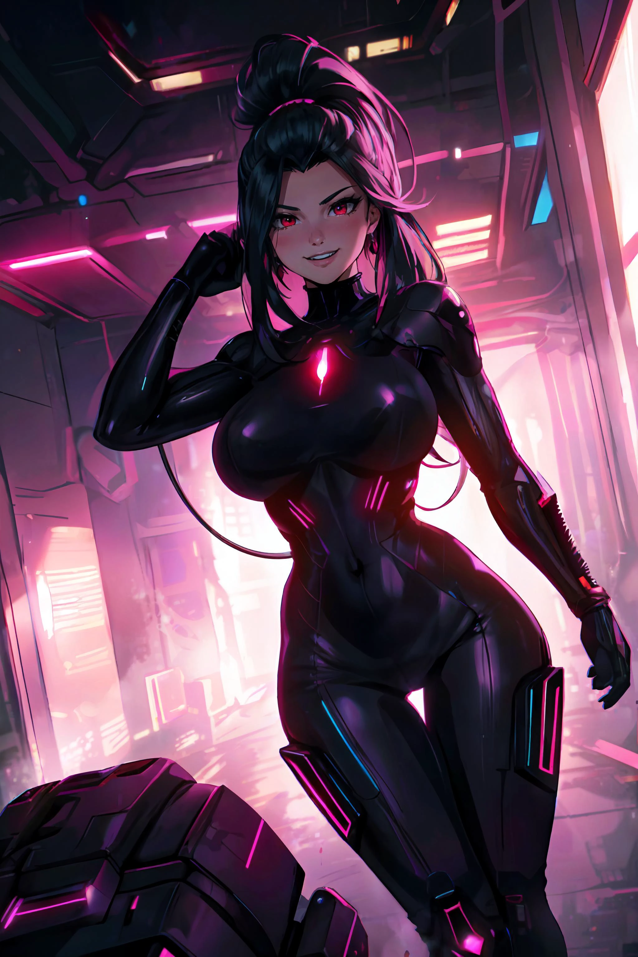 absurdres, [perfect shadows and lighting], detailed background, incredible high-key lighting, masterpiece, high quality, detailed, extremely detailed, 4K, 1girl, (mature woman:1.3), black_hair, blush, long_hair, looking_at_viewer, ponytail, very_long_hair, smile, high contrast, cyberpunkbodysuit,
detailed background, cyberpunk, futuristic
 <lora:EyesGen:0.5> eyesgen, (red_eye:1.1), smile, smug
 <lora:Cyberspace_background_composer:0.8> neon lights, colorful, glowing, scenery, indoors, science fiction