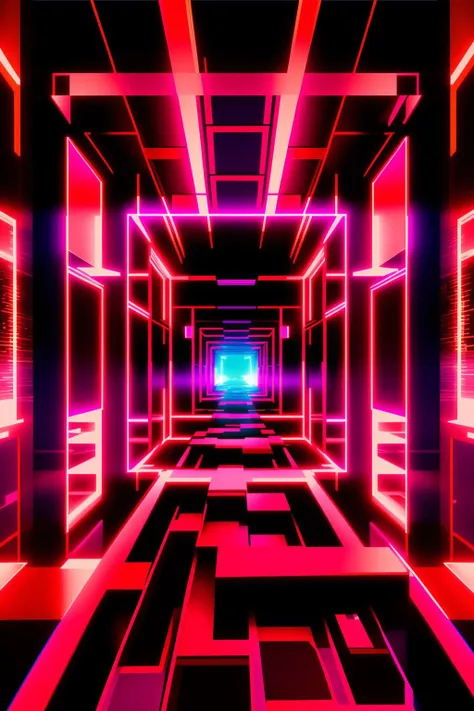 a futuristic looking room with red and black lights , no humans, building, scenery, stairs, city, road , cyberspace_background