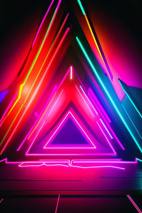a triangle shaped neon light in a dark room , no humans, scenery, pink theme, purple theme, colorful, abstract, triangle, cube, neon lights, glitch  , cyberspace_background