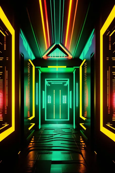 a dark hallway with neon lights and a clock , indoors, no humans, scenery, science fiction, hallway, neon lights  , cyberspace_background