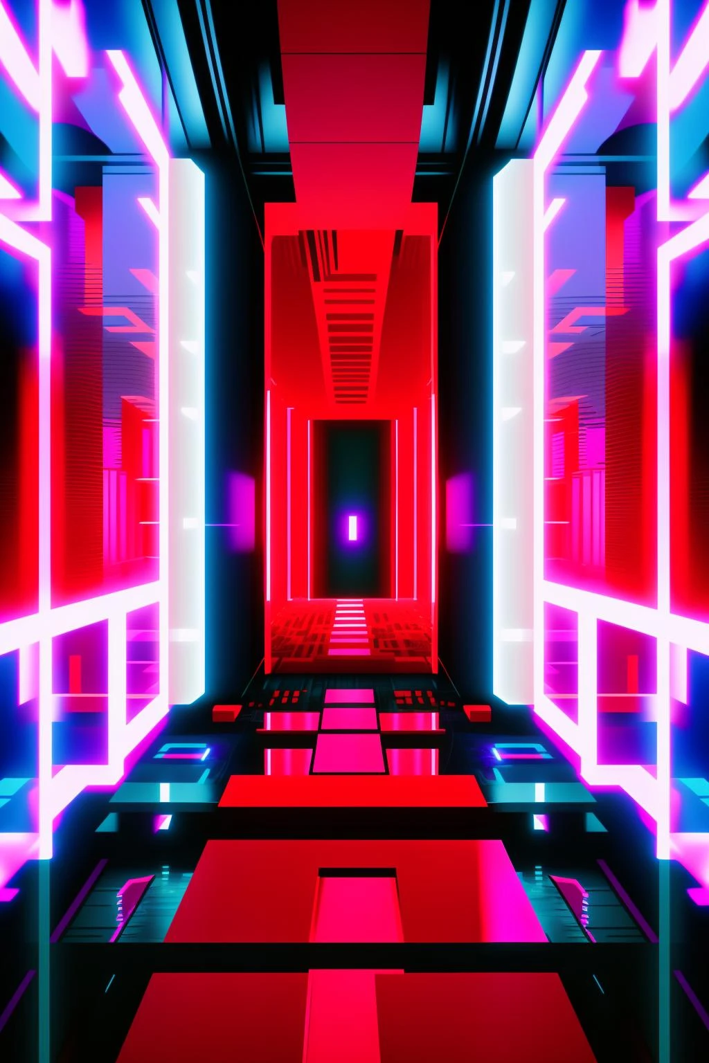 a futuristic looking room with red and black lights , no humans, building, scenery, stairs, city, road , cyberspace_background