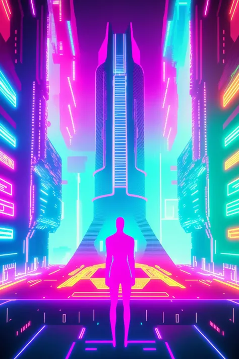 a futuristic city with neon lights and a man standing on top of a building , 1girl, solo, standing, scenery, science fiction, neon lights, hologram, very wide shot  , cyberspace_background ,  a futuristic looking building with a giant tower