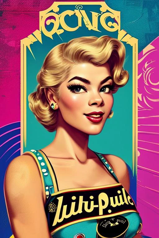 a  poster depicting a classic pin-up style model looking like olgal3 with a playful pose and a vintage outfit set against a vibrant background, 50's, a creation by Shepard Fairey