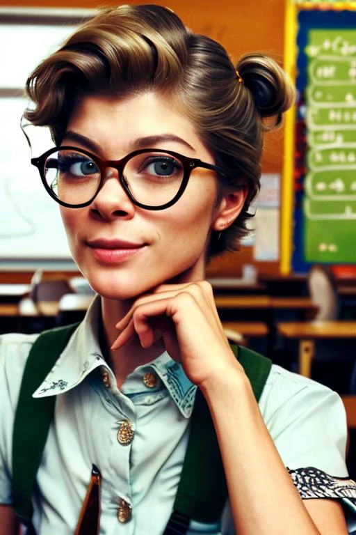 an expert film still by cass bird portraying a woman looking like olgal3 with glasses and a playful pose admist a classroom.