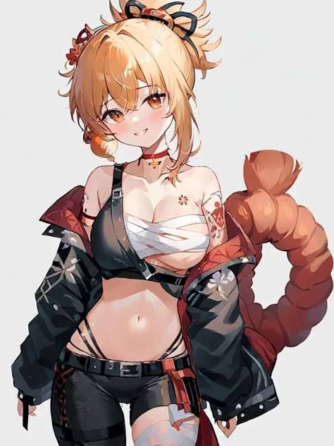 ultra-detailed,(best quality),((masterpiece)),(highres),original,extremely,<lora:xiaogongx_xl:1>,(\xiao gong\),1girl,solo,breasts,jacket,looking at viewer,black pants,cleavage,black jacket,red choker,pants,bare shoulders,smile,simple background,open jacket,navel,off shoulder,bangs,blonde hair,ponytail,collarbone,cowboy shot,bandages,open clothes,belt,medium breasts,orange eyes,hair between eyes,grey background,midriff,chest tattoo,hair ornament,arm tattoo,closed mouth,thigh strap,long sleeves,flower tattoo,chest sarashi,alternate costume,blush,tube top,standing,black belt,stomach,