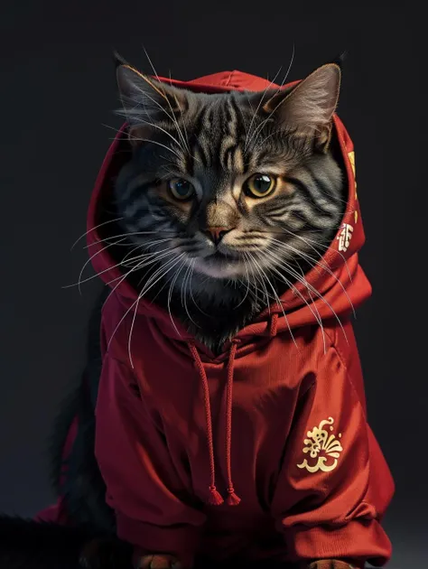 AP,no humans,animal focus,cat,sunglasses,(chinese cat:1.2),(red clothes:1.2),hood,hoodie,simple background,animal,black background,realistic,looking at viewer,hong kong style trend,