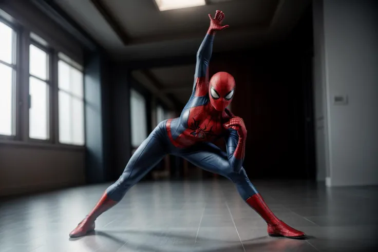 Marvel s,full body,from below,wide shot,photo of a 18 year old girl,spiderman,happy,laughing,practicing Yoga,looking at viewer,blue eyes,ray tracing,detail shadow,shot on Fujifilm X-T4,14mm f1.8,sharp focus,depth of field,blurry background,bokeh,lens flare,motion blur,<lora:add_detail:1>,