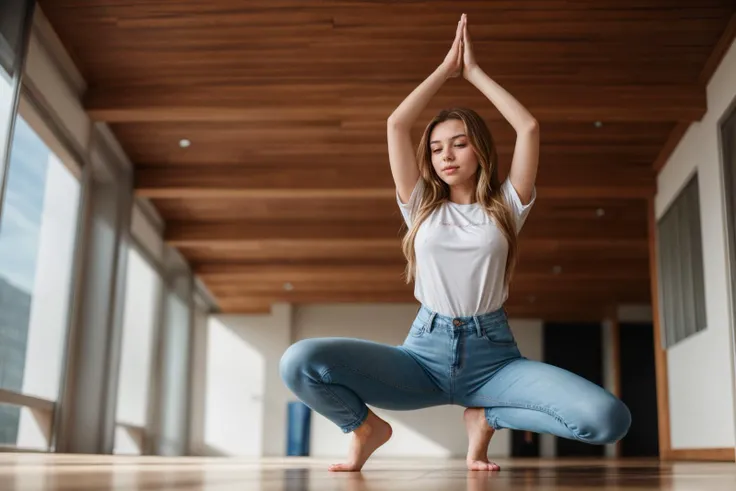 full body,from below,wide shot,photo of a 18 year old girl,happy,practicing Yoga,squating,shirt,denim pants,ray tracing,detail shadow,shot on Fujifilm X-T4,85mm f1.2,sharp focus,depth of field,blurry background,bokeh,<lora:add_detail:1>,