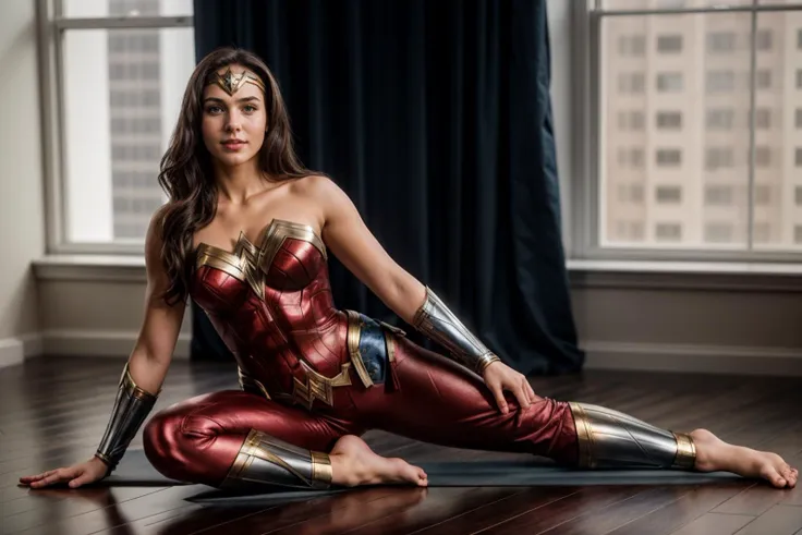 DC movies,full body,photo of a 18 year old girl,wonder woman,practicing yoga,chair pose,happy,looking at viewer,pants,ray tracing,detail shadow,shot on Fujifilm X-T4,85mm f1.2,sharp focus,depth of field,blurry background,bokeh,motion blur,<lora:add_detail:1>,