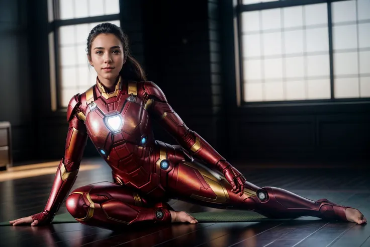 Marvel movies,full body,photo of a 18 year old girl,ironman,practicing yoga,chair pose,happy,looking at viewer,ray tracing,detail shadow,shot on Fujifilm X-T4,85mm f1.2,sharp focus,depth of field,blurry background,bokeh,motion blur,<lora:add_detail:1>,