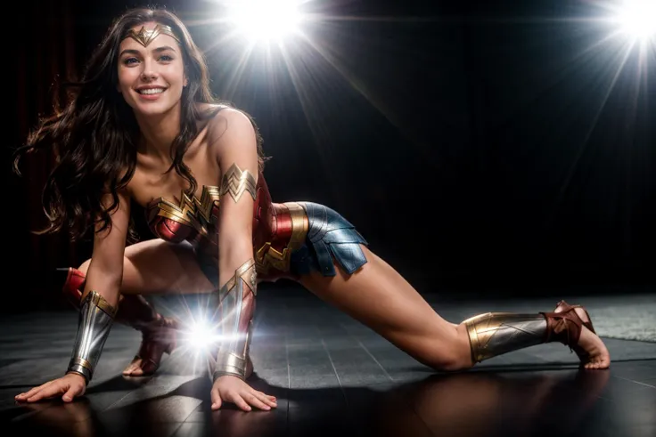DC s,full body,from below,wide shot,photo of a 18 year old girl,wonder woman,happy,laughing,practicing Yoga,ray tracing,detail shadow,shot on Fujifilm X-T4,14mm f1.8,sharp focus,depth of field,blurry background,bokeh,lens flare,motion blur,<lora:add_detail:1>,