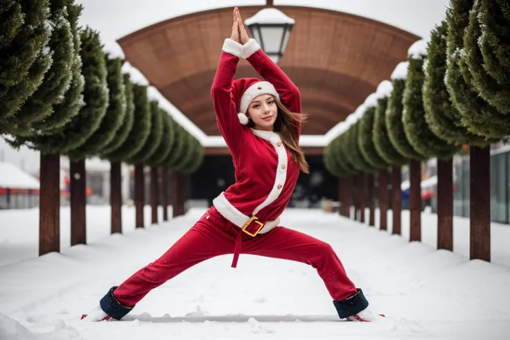 (abstract:1.4),photo of a 18 year old girl,practicing Yoga,happy,Santa Clausâs outfit,Red Coat,Red Hat,Red Trousers,Black Belt,Black Boots,White Gloves,christmas theme,Christmas tree,snowman,outdoor,windy,heavy snow,detail background,ray tracing,detail shadow,shot on Fujifilm X-T4,85mm f1.2,sharp focus,depth of field,blurry background,bokeh,lens flare,motion blur,<lora:add_detail:1>,