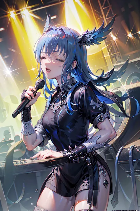 (masterpiece, best quality, ultra-detailed, highres, best illustration),perfect face, beautiful face, ((solo, solo focus)),sidelighting, lustrous skin,(bloom), (shine), ray tracing,(Meteion),short blue hair, solo, (female focus), (1girl),head wings:1.2,closed eyes:1.4 <lora:GoodHands-vanilla:1>