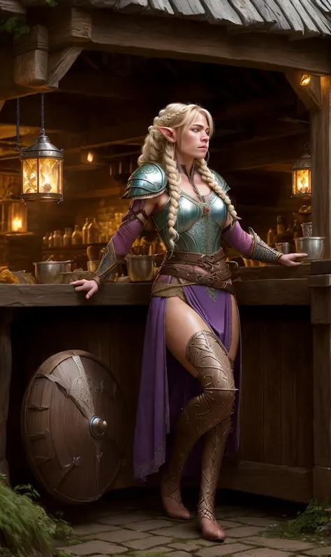 (Wood Elf Barbarian:1.2),medieval tavern,Titanium brilliant Lilac armor,Blonde milkmaid braid,haute_couture,hc_gown,war_glam,fighting posture,photoshoot style,intricate,studio lighting,masterpiece,highly detailed,8k,best quality,fire,smoke,dramatic,eery,diabolic,ornamented,mshn,<lora:mshn:0.7>,<lyco:Warrior_Couture:0.5>,