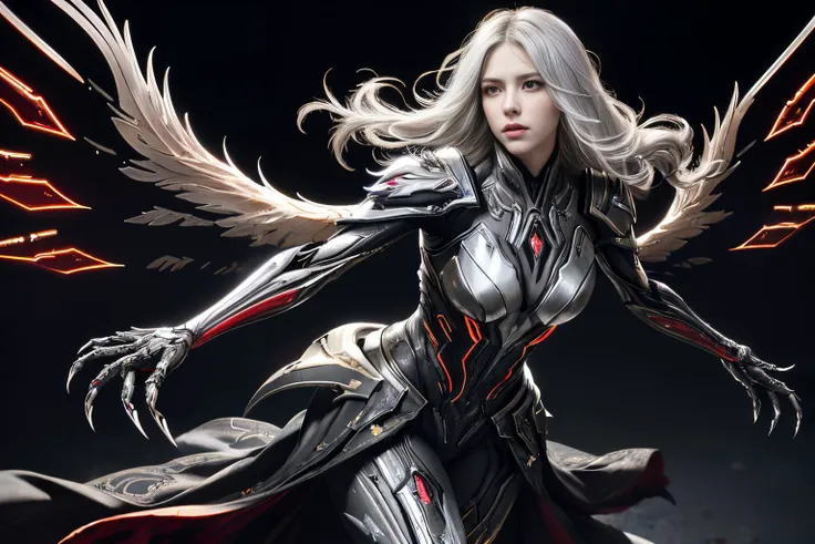 VeronicaCipher, WARFRAME, intricate pattern, energy lines,red glowing eyes, long silver hair, wind blown hair, elegant, intense, biomechanical , transparent armor, bloody wings, solo, desert, sunny, bright, claws, veins, dramatic lighting, (masterpiece:1.2), best quality, high resolution, beautiful detailed, extremely detailed, perfect lighting, mshn <lora:warframe_v1-000012:0.6> <lora:add_detail:1> <lora:mshn:0.5>