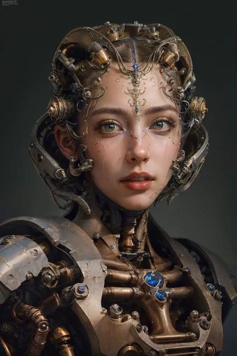 masterpiece, photo realistic, best quality, a fine art portrait of a steel cyborg girl, biomechanical, mshn robot, hyper realistic, intricate design, (insanely detailed:1.4), (extremely fine details:1.35), Extremely sharp lines, cinematic lighting, Photorealistic, a detailed masterpiece by Ralph McQuarrie,Agnes Cecile <lora:mshn:0.7>