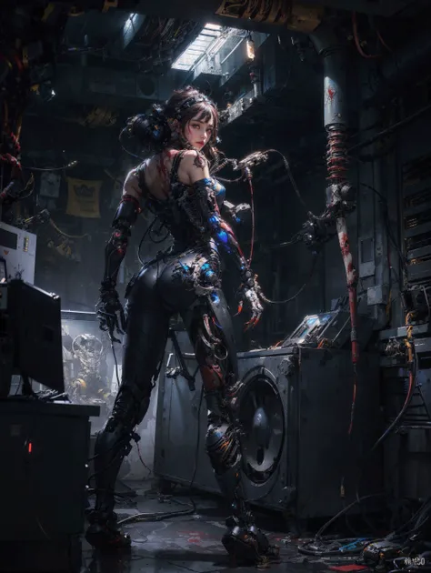 official art, unity 8k wallpaper, ultra detailed, beautiful and aesthetic, masterpiece, best quality, realistic, (zentangle, mandala, tangle, entangle), fractual art, extremely detailed, (dynamic angle),cinematic light, ((mechanical girl)), biomechanical, solo,full body,(machine made joints:1.2),((machanical limbs)),(blood vessels connected to tubes),(mechanical vertebra attaching to back),(mechanical cervial attaching to neck), (wires and cables attaching to neck:1.2),(wires and cables on head:1.2)(character focus),science fiction,extreme detailed,colorful,highest detailed<lora:oc_v10:0.25:BODY> <lora:lowra_v10:0.5> <lora:mshnrobot:0.6> mshn robot <lora:zhongfenghua:0.4> zhongfenghua, dark theme
