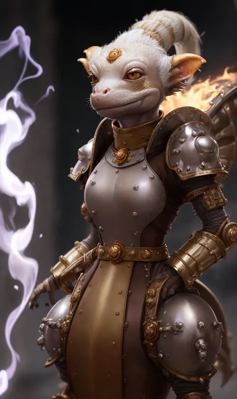 (Kobold Monk:1.2),graveyard,Brushed nickel brilliant Cream armor,Platinum blonde space buns,haute_couture,hc_gown,war_glam,fighting posture,photoshoot style,intricate,studio lighting,masterpiece,highly detailed,8k,best quality,fire,smoke,dramatic,eery,diabolic,ornamented,mshn,<lora:mshn:0.7>,<lyco:Warrior_Couture:0.5>,
