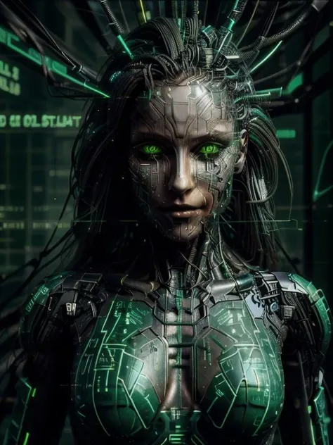 SHODAN android girl, (best quality:1.5) 1girl, belle cute pretty teenage girl, (detailed drawn face correct eyes)++, glowing yellow eyes, far shot, full body showing, complex epic ruined laboratory scenery, cyberpunk style, hair made of wires and cables, (analog photo) amateur, RAW Photo, masterpiece, dramatic photo, evil grin expression, correct fingers, perfectly drawn eyes, (correct anatomy proportions), <lora:furthermoreV9:0.3>, <lora:zoom_slider_v1:-1>, <lora:lora_perfecteyes_v1_from_v1_160:0.3> <lora:epiCRealismHelper:0.6>, breasts, <lora:emotions_lora:0.4> <lora:difConsistency_detail:0.3> <lora:mshn Industrial Machines:0.2> <lora:shodan-10:0.6> shodanSS_soul3142, green theme, <lora:Reel_mechanical_parts_v_1_3:0.3>, <lora:GlitchFashion:0.4> GlitchFashion <lora:HackedTech-20:0.6> hackedtech, scifi,