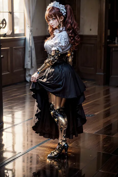 (masterpiece, 4k ,ultra detailed,raw photo:1.2),(anime:1),illustration,(photorealistic:1),
(cinematic_lighting:1.2),
(1girl with golden bionic leg:1.4),(full body:1.2),
(teasing smile:1),
(attractive,absurdres:1),
(standing:1),(from side:1.2),(skirt lift:1.2),
(simple_background:1.4),
(indoor,mansion,reflection,flooring:1.4),
(red hair,colored inner hair),
(gothic maid,maid apron,dress shirt,skirt:1.2),
(supermodel:1.4),(wide_hips:1),(muscular:1),
(35yo,mature:1.2),
<lora:hipoly3DModelLora_v20:0.2>,
<lora:japanesedolllikenessV1_v15:0.4>,
<lora:flat2:-0.5>
<lora:mshn:0.7>,(mshn robot:1),
<lora:Futuristicbot4:0.4>,(cyborg:1.4)