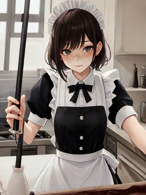 a portrait of a pole, undercut hair, maid, freckles, apron, amazing body, pronounced feminine feature, kitchen, closeup, (redhead:0.4)