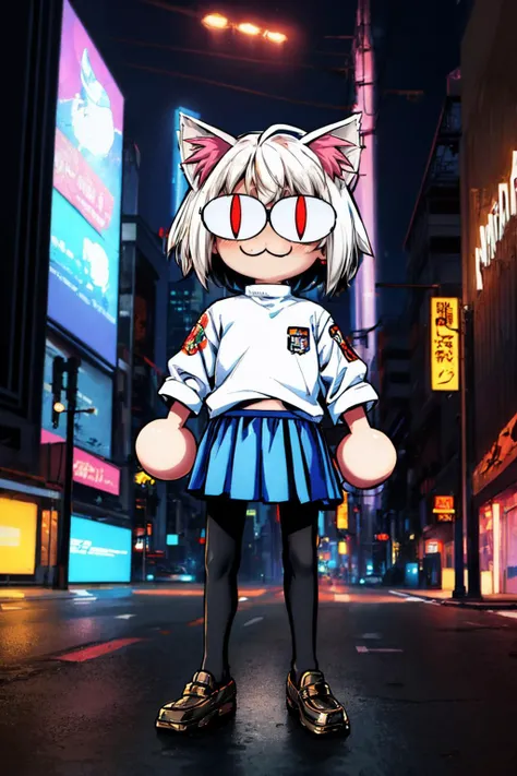 (masterpiece, best quality:1.2), wide shot, (cyberpunk, neon lights:1.2), neon sign, wire, barbed wire, chain-link fence, fog, rubbish, light pollution, chibi, full body, solo, 1girl, neco-arc, :3, looking at viewer, standing, cat ears, slit pupils, white sweater, blue skirt, pantyhose, loafers, tail <lora:add_detail:1> <lora:neco-arc:1>