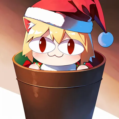 masterpiece, highres, best quality, ultra-detailed, perfect lighting, <lora:necoarc:0.8> necoarc, slit pupils, cat ears, blonde hair, red eyes, chibi, :3, ((santa hat)), ((santa costume))