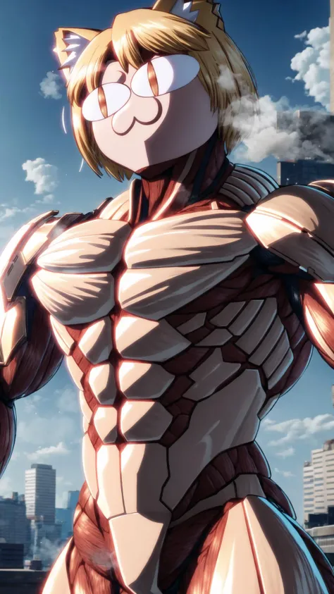 <lora:Armored Titan, Attack on Titan:0.8> Armored Titan, muscular, giant, size ratio, short hair, building, armor on body, armor on face, light in eyes, steam and smoke, head to knees, red muscles, BREAK, <lora:necoarc:0.8> necoarc, neco-arc, 1girl, blonde hair, bob cut, cat ears, :3, chibi, cat girl, (slit pupils, cat eyes:1.15) <lora:Neco-Arc:1> neco-arc, necopose, <lora:more_details:0.5>, masterpiece, best quality, extremely detailed, highly quality, 4k, sharp focus, professional, sharp focus, award winning, cinematic lighting, octane render, unreal engine, volumetrics dtx, Wallpaper,