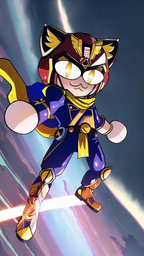 <lora:CaptainFalcon:0.8> (CaptainFalcon, helmet:1.15), 1boy, bodysuit, yellow gloves, scarf, BREAK, <lora:Neco-Arc:1> (neco-arc, necopose:1.25), full body, :3, cat ears, (chibi:1.5), cat, cat tail, solo, (slit pupils:1.25), masterpiece, best quality, extremely detailed, highly quality, 4k, sharp focus, professional, sharp focus, award winning, cinematic lighting, octane render, unreal engine, volumetrics dtx, Wallpaper,