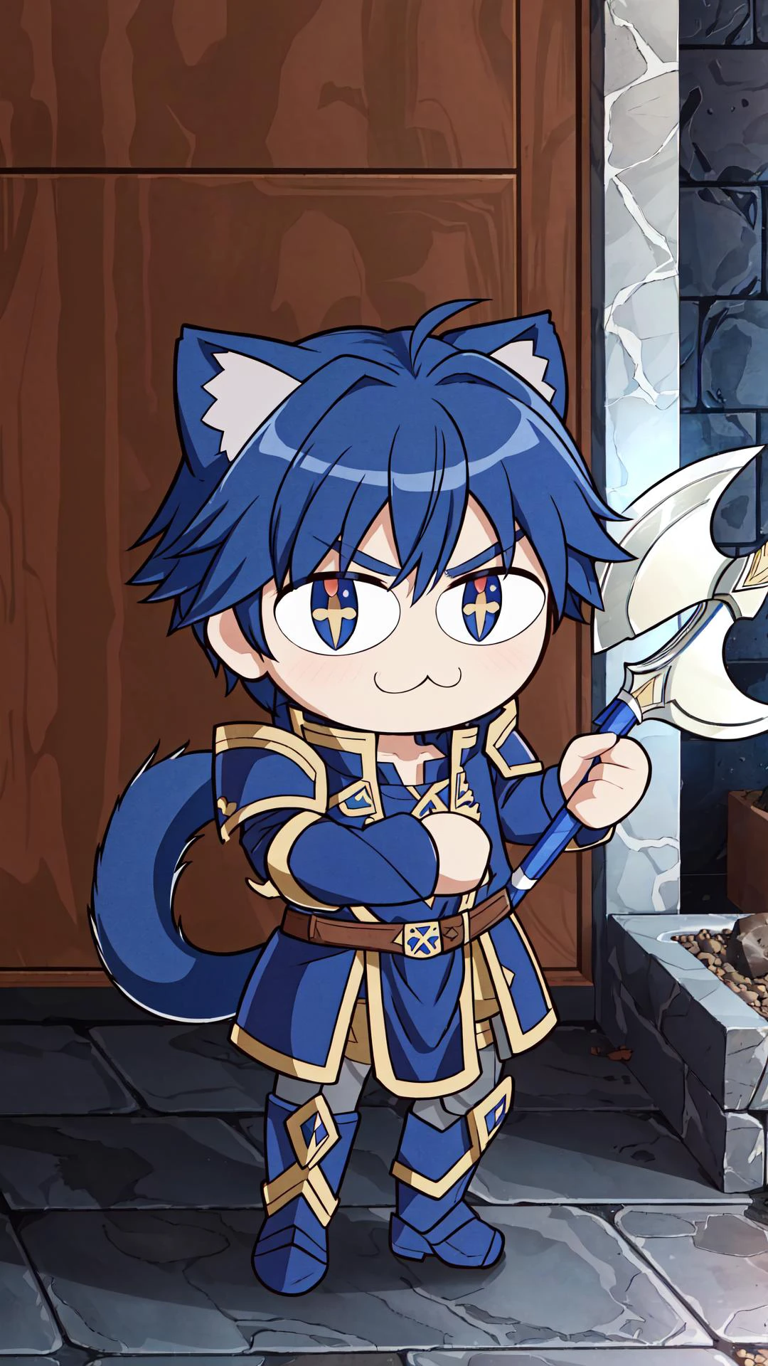 <lora:Neco-Arc:0.8> (neco-arc, necopose:1.25), full body, :3, cat ears, (chibi:1.25), cat, cat tail, solo, (big eyes, slit pupils:1.25), BREAK, <lora:Hector_FE:0.7> hector fe, 1boy, blue black hair, armads \(fire emblem\), holding axe, armor, masterpiece, best quality, extremely detailed, highly quality, 4k, sharp focus, professional, sharp focus, award winning, cinematic lighting, octane render, unreal engine, volumetrics dtx, Wallpaper,