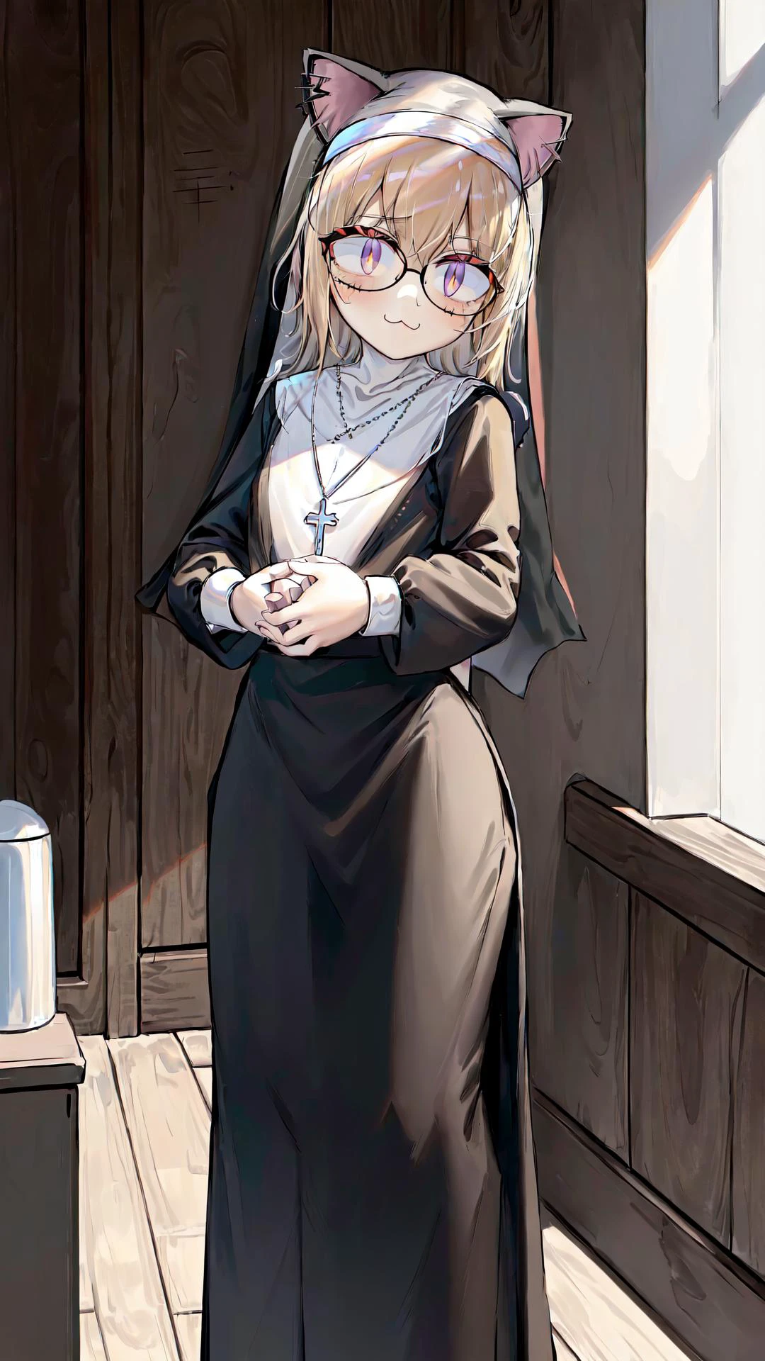 <lora:neco-arc:0.8> (neco-arc, slit pupils:1.25), 1girl, (slit pupils, cat eyes:1.5) animal ears, cat ears, blonde hair, (:3, moe fang, kittyface:1.25) bangs, (chibi, smal:1.5), antenna hair, short hair, cat girl, BREAK, <lora:nun_cos_v10-10:0.6> (nun, necklace:1.5), praying, (long skirt, white undershirt:1.25), masterpiece, best quality, extremely detailed, highly quality, 4k, sharp focus, professional, sharp focus, award winning, cinematic lighting, octane render, unreal engine, volumetrics dtx, Wallpaper,