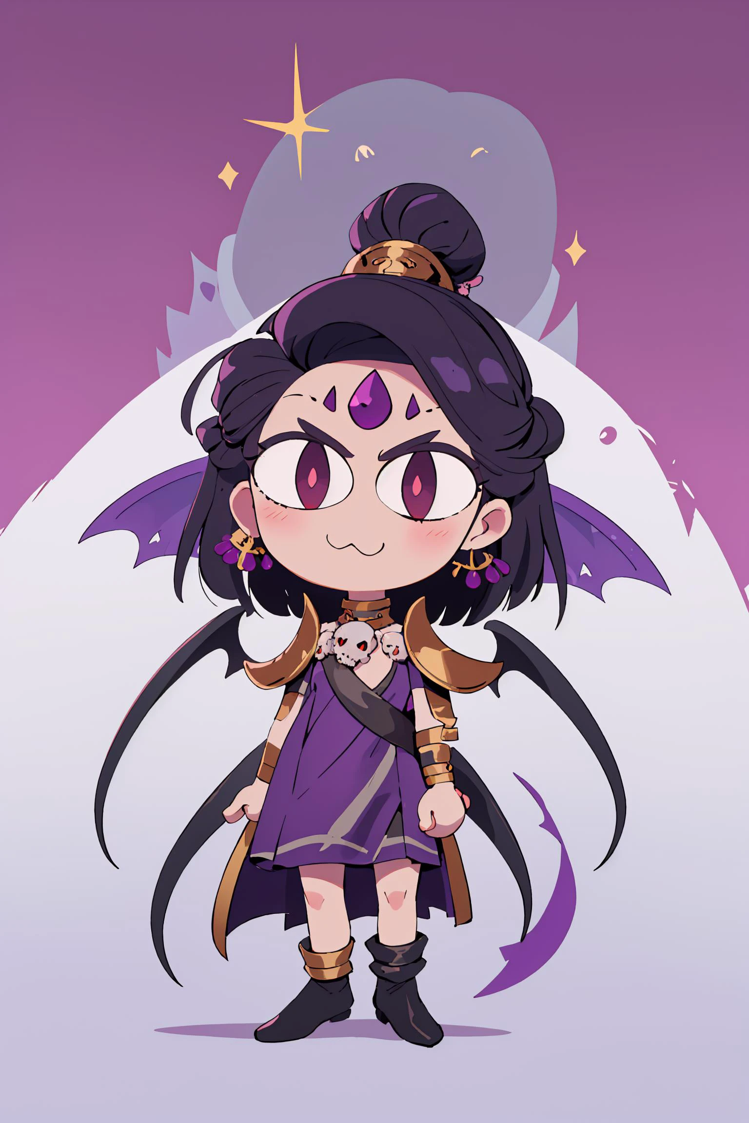 (masterpiece, best quality:1.2), chibi, solo, 1girl, necoarc, nyx, grey skin, makeup, :3, slit pupils, forehead jewel, hair ornament, earrings, necklace, jewelry, skull, dress, purple dress, shoulder armor <lora:necoarc:1> <lora:nyx-guy-v2:0.8>