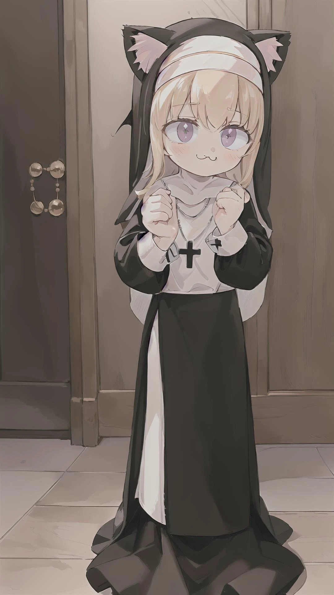 <lora:neco-arc:0.8> (neco-arc, slit pupils:1.25), 1girl, (slit pupils, cat eyes:1.5) animal ears, cat ears, blonde hair, (:3, moe fang, kittyface:1.25) bangs, (chibi, smal:1.5), antenna hair, short hair, cat girl, BREAK, <lora:nun_cos_v10-10:0.6> (nun, necklace:1.5), praying, (long skirt, white undershirt:1.25), masterpiece, best quality, extremely detailed, highly quality, 4k, sharp focus, professional, sharp focus, award winning, cinematic lighting, octane render, unreal engine, volumetrics dtx, Wallpaper,