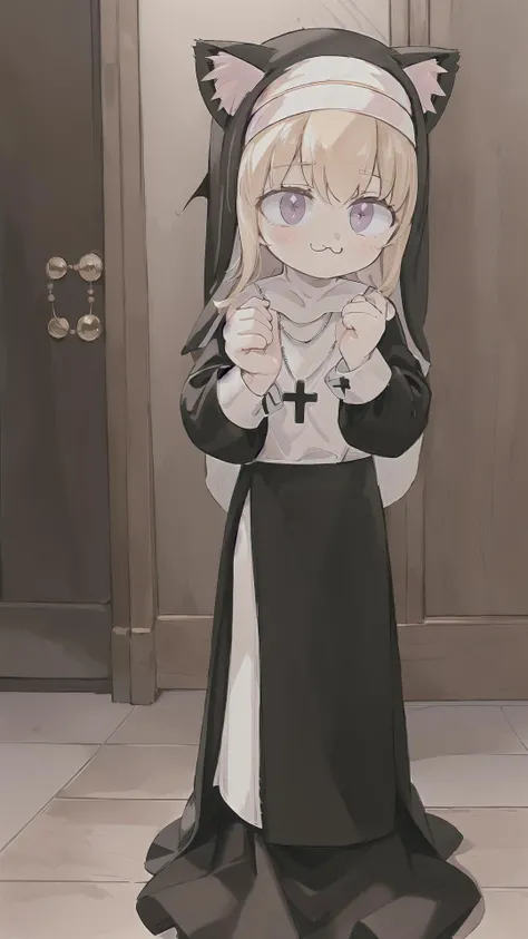 <lora:neco-arc:0.8> (neco-arc, slit pupils:1.25), 1girl, (slit pupils, cat eyes:1.5) animal ears, cat ears, blonde hair, (:3, moe fang, kittyface:1.25) bangs, (chibi, smal:1.5), antenna hair, short hair, cat girl, BREAK, <lora:nun_cos_v10-10:0.6> (nun, necklace:1.5), praying, (long skirt, white undershirt:1.25), masterpiece, best quality, extremely detailed, highly quality, 4k, sharp focus, professional, sharp focus, award winning, cinematic lighting, octane render, unreal engine, volumetrics dtx, Wallpaper,