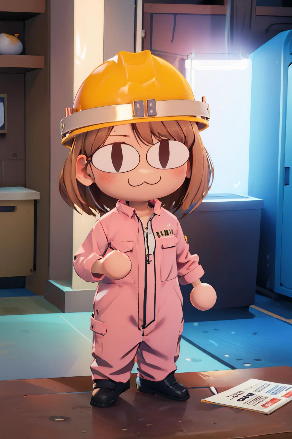 (masterpiece, best quality:1.2), chibi, solo, 1girl, necoarc, sumire sawa, :3, hardhat, slit pupils, jumpsuit, zipper <lora:necoarc:1> <lora:sumire_sawa:0.8>
