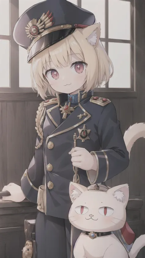 <lora:warhammer40commissarv2:0.6> warhammer 40k commissar, hat, coat, medal, shoulder pads, BREAK, <lora:neco-arc:0.6> (neco-arc, slit pupils, :1.25), :3, animal ears, cat ears, blonde hair, bangs, chibi, antenna hair, short hair, cat girl, masterpiece, best quality, extremely detailed, highly quality, 4k, sharp focus, professional, sharp focus, award winning, cinematic lighting, octane render, unreal engine, volumetrics dtx, Wallpaper,