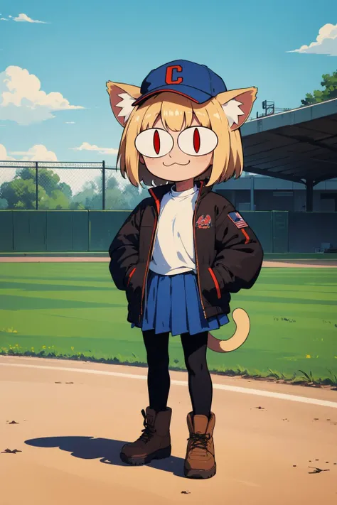 (masterpiece, best quality:1.2), <lora:neco-arc:0.9>, neco-arc, 1girl, solo, hat, :3, animal ears, tail, cat ears, skirt, blonde hair, cat tail, red eyes, blue skirt, pantyhose, black headwear, jacket, hands in pockets, brown footwear, full body, baseball cap, cat girl, shirt, looking at viewer, boots, black pantyhose, white shirt, smile, closed mouth, open clothes, short hair, standing, bangs, slit pupils, pleated skirt, long sleeves, chibi, open jacket, animal ear fluff, shoes, medium hair, outdoors, baseball field,