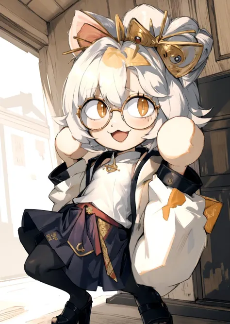 masterpiece, best quality, purah, red glasses, hair ornament, white jacket, sleeveless shirt, black skirt, orange leggings, high heels, <lora:purah-nvwls-v2:0.8>, neco-arc, animal ears, cat ears, blonde hair, slit pupils, :3, bangs, chibi, antenna hair, short hair, cat girl, :d, Beautiful Art Style, 1girl, young woman, skilled, medieval village, <lora:neco-arc:1> intenseglare, <lora:Intense_GlarerV2:0.8>
