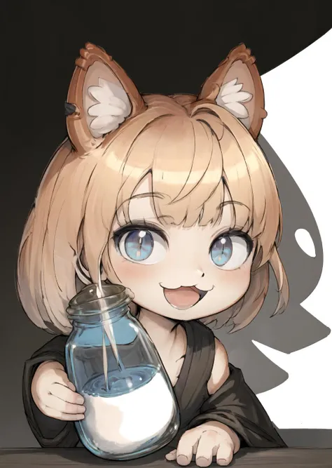 masterpiece, best quality, jar jar binks, neco-arc, animal ears, cat ears, blonde hair, slit pupils, :3, bangs, chibi, antenna hair, short hair, cat girl, :d, Beautiful Art Style, 1girl, young woman, sophisticated, fantasy city, <lora:neco-arc:0.6>, chibi, close up, <lora:Emotes-remaster-v4:0.8> <lora:jarJarBinksGunganStar_v3:0.7>