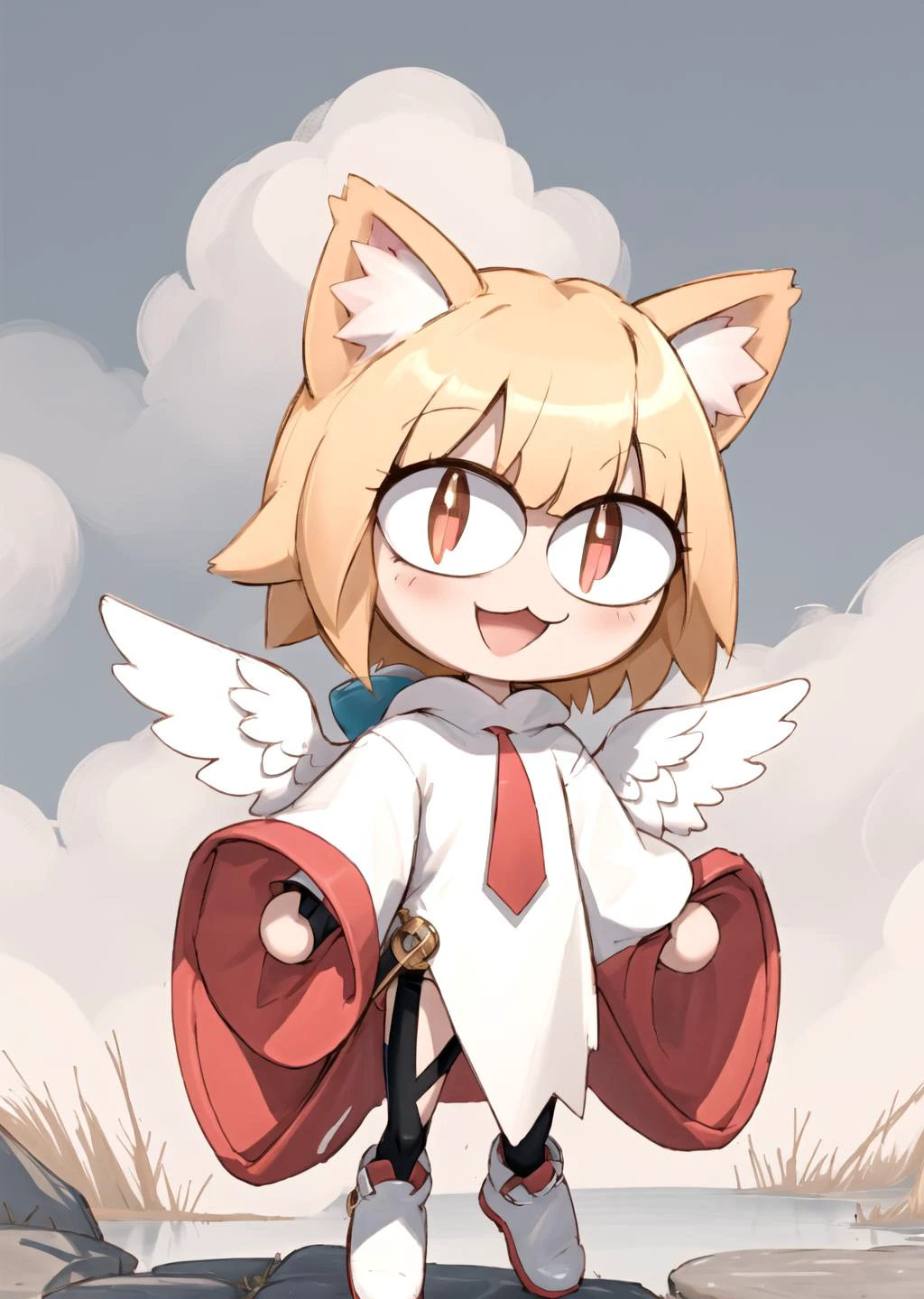 masterpiece, best quality, <lora:Roselia:0.8>, neco-arc, animal ears, cat ears, blonde hair, slit pupils, :3, bangs, chibi, antenna hair, short hair, cat girl, :d, Beautiful Art Style, 1girl, young woman, playful, lake, <lora:neco-arc:1> bibliangels, too many eyes, no humans<lora:biblically_accurate_angel-09:1>