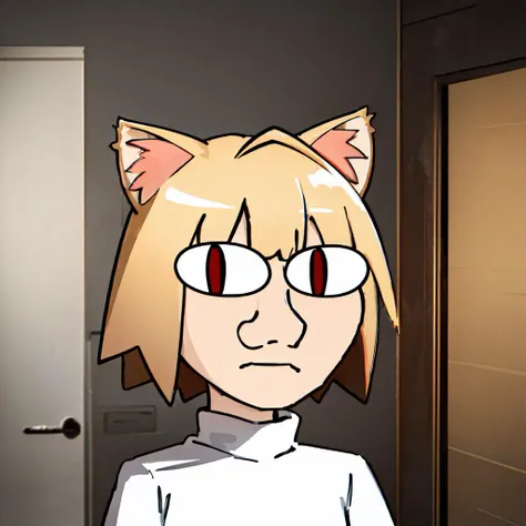 masterpiece, highres, best quality, ultra-detailed, perfect lighting, <lora:neco-arc:1>, neco-arc, animal ears, cat ears, blonde hair, slit pupils, bangs, chibi, antenna hair, short hair, cat girl, red eyes, <lora:wojak:0.85> wojak, ((white turtleneck)),