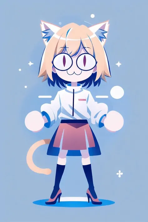(masterpiece, best quality, high quality, highres, ultra-detailed), 1girl, solo, <lora:flat_illustration:1>, <lora:neco-arc:0.8>, short hair, red eyes, animal ears, tail, cat ears, blonde hair, slit pupils, :3, neco-arc, red skirt, black stockings, high heels, simple background, smile