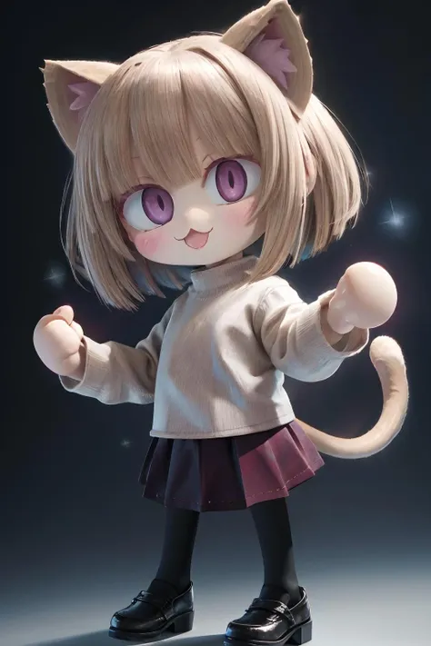 <lora:neco-arc:1>, neco-arc, animal ears, solo, blonde hair, cat ears,
purple skirt, tail, skirt, slit pupils, chibi, :3, open mouth, cat tail,
sweater, short hair, looking at viewer, smile, pantyhose, long sleeves, white sweater, long skirt,
(8k, masterpiece, best quality, ultra-detailed),
cute face, kawaii, cute, very big eyes, Aesthetic Anime Eyes, small face,
1girl, solo,