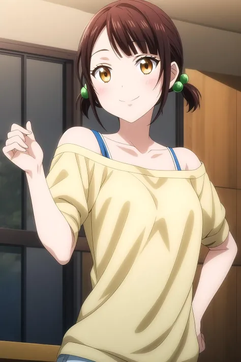 1girl, brown eyes, brown hair, collarbone, hair bobbles, hair ornament, indoors, looking at viewer, off shoulder, shirt, short hair, short sleeves, solo, upper body, wooden floor, yellow shirt, miyabi_ito, smile, <lora:add_detail:0.7>