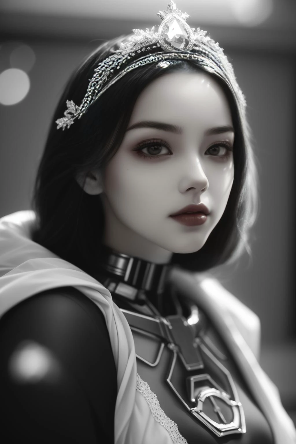black and white dreamy young beautiful female artificial intelligence with a techno crown, cinematic, rim light, bokeh, photo - realistic, elegant, high detail, 8 k, masterpiece, photo taken in 1 9 3 0 Æ1. 8