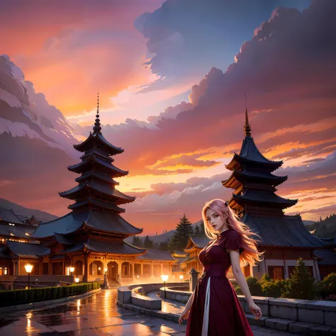 extremely detailed CG unity 8k wallpaper,(masterpiece:1.3),(best quality:1.3),(huge filesize:1.3),Ultra-Detailed,volume light,ambient light,ray tracing,
1 girl,solo,delicate eyes and face,(gigantic breasts:1.3),pink hair,yellow eyes,
tower,sky,sunset,cloudy_sky,city_lights,castle,architecture,skyline,mountain,outdoors,twilight,gradient_sky,pagoda,evening,
<lora:è¶èå 280k å¾å:0.3>,