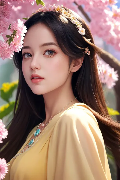 menera style, by Ernst Haeckel, exquisite illustration of a girl wearing flowers, anime, pixiv, kawaii girl, facing forward, masterpiece,ultra realistic,32k,extremely detailed CG unity 8k wallpaper, best quality, vibrant colors, necklace, stunning environment ,vibrant colors,soft lighting