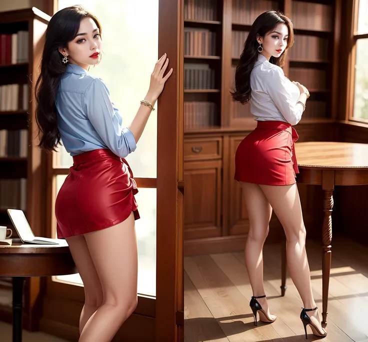 (best quality, masterpiece:1.2), (extremely intricate detail), extremely delicate and beautiful, beautiful and aesthetic, (1girl:1.5), (mature women,pretty, amazing), (simple background:1.2),seductive pose,(Tight wrap hip skirt, miniskirt:1.5), long hair,exude,high heels, customer service, earrings, red lips, shiny skin, makeup, huge breasts,,window, shiny skin, shiny clothes,collared shirt,back to people,bend over, work, study, bookshelf,,at work,lying on the table,leaning on the table,, (masterpiece,best quality:1.5)